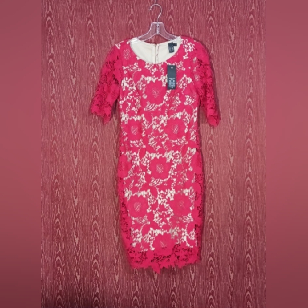 LABEL By Five Twelve Elegant Red Lace Short Sleeve Zip Collarless Dress Size 4